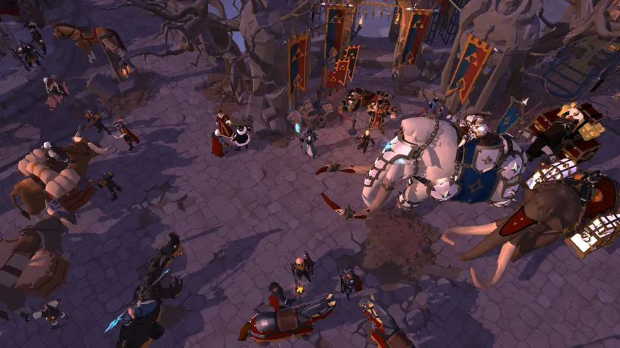 Albion Online: multidão de personagens reunidas numa praça medieval iluminada a roxo, vista de cima