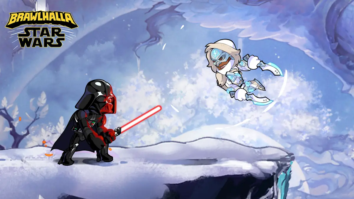 Brawlhalla: duas personagens em duelo na berma de uma plataforma de gelo, num cenário de inverno