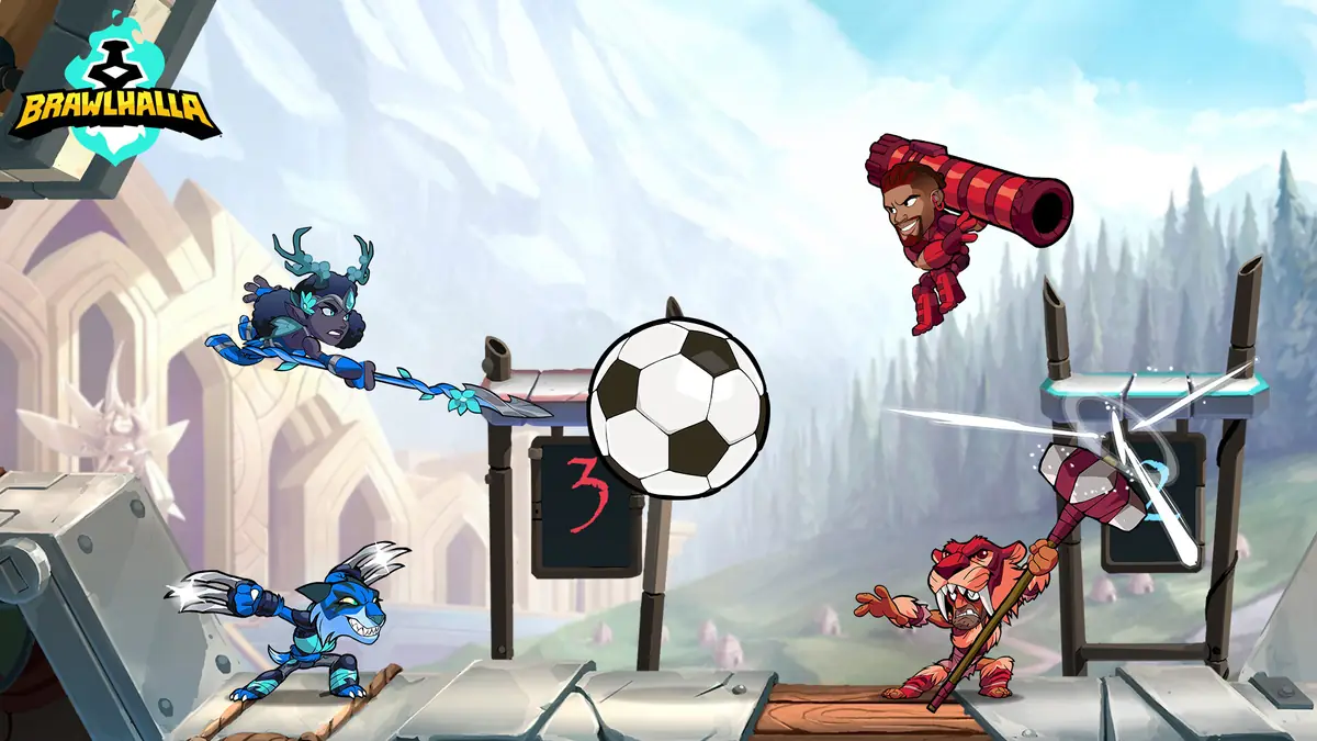 Brawlhalla: personagens a disputar uma bola numa arena nevada, no modo desportivo do jogo