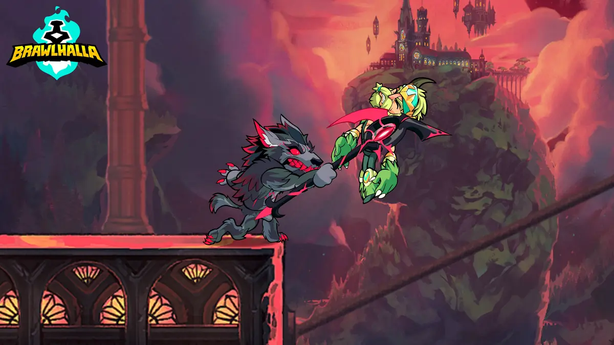 Brawlhalla: duas personagens a combater sobre uma ponte de pedra, com um castelo e céu avermelhado ao fundo