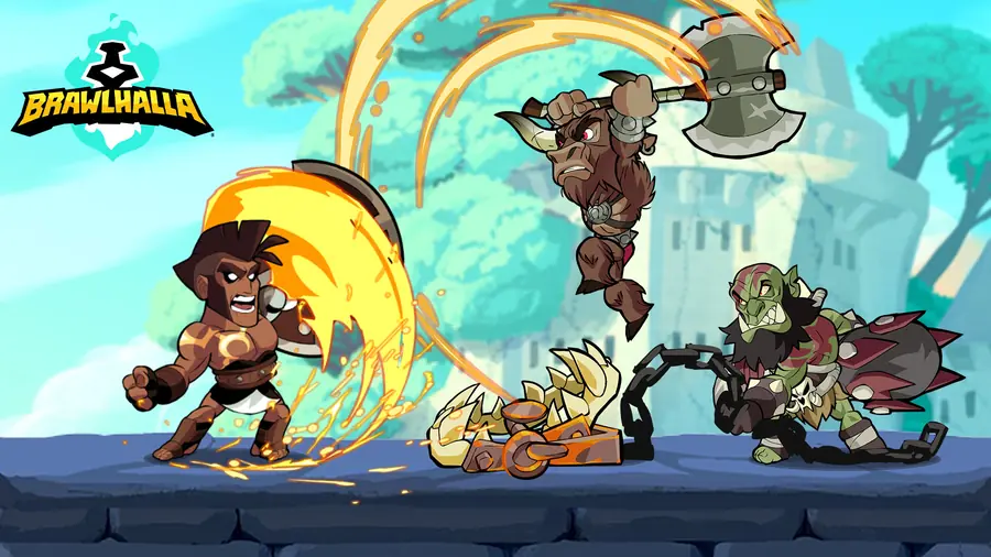 Brawlhalla: personagens de estilo cartoon a combater numa plataforma suspensa sobre um cenário colorido