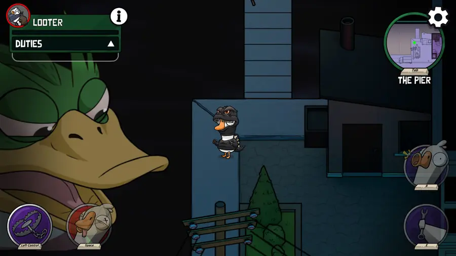 Goose Goose Duck: grande plano de um pato de desenho animado, com outras personagens numa divisão ao fundo