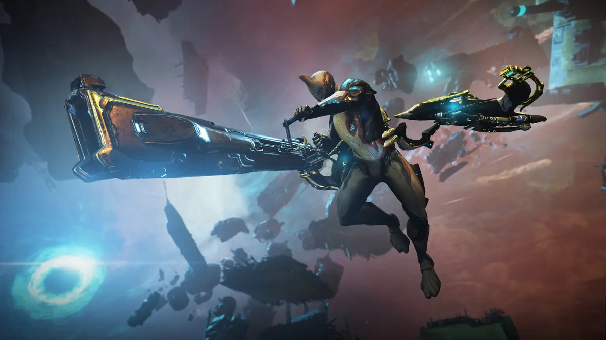 Warframe: guerreiro de armadura a disparar um arco de energia em pleno salto, com um anel luminoso azul em fundo